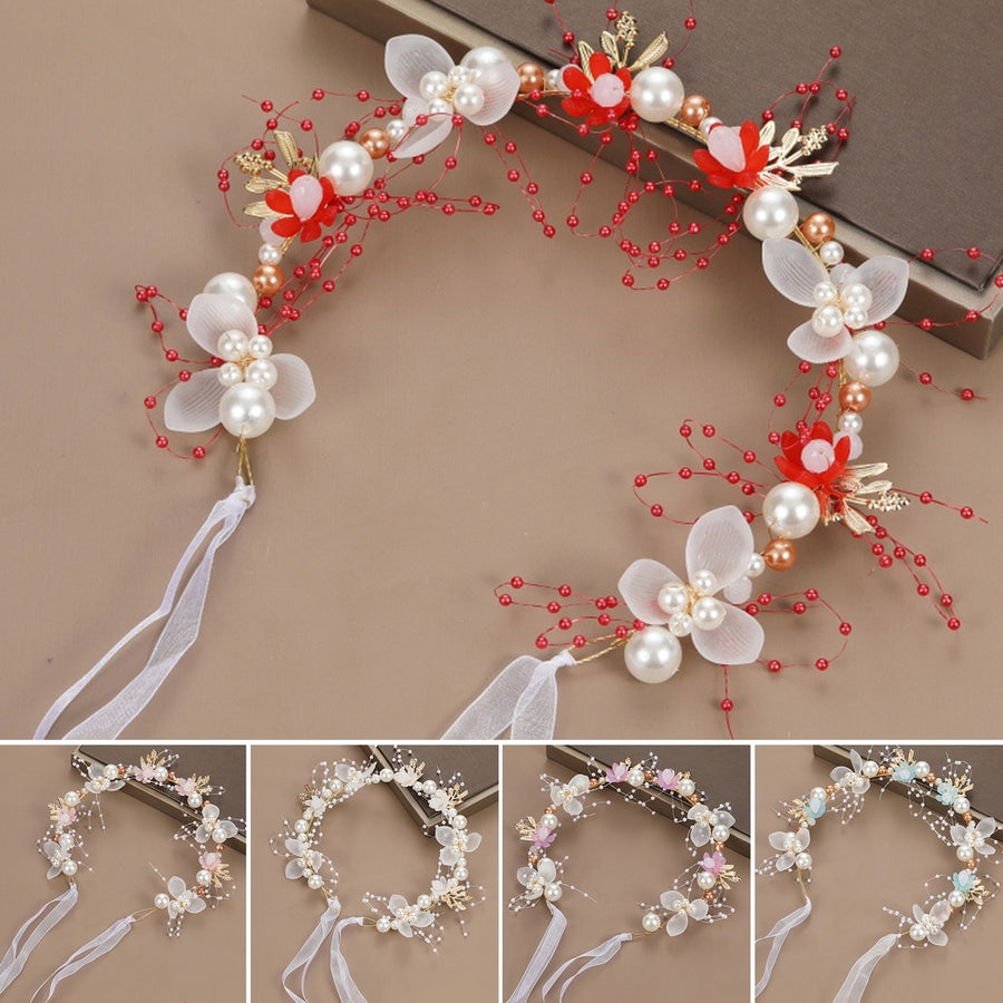 Girls Performance Headband Decorative Faux Pearl Flower Decor Ribbon Romantic Hair Decoration Adjustable Princess Style Image 1