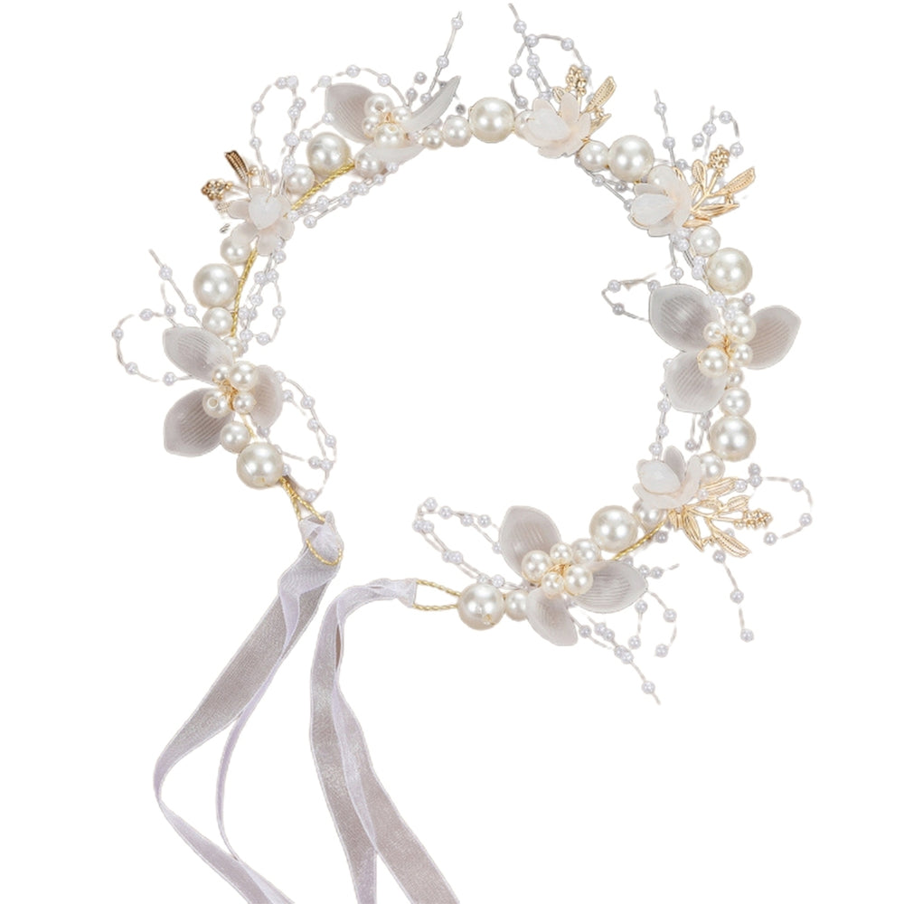 Girls Performance Headband Decorative Faux Pearl Flower Decor Ribbon Romantic Hair Decoration Adjustable Princess Style Image 2