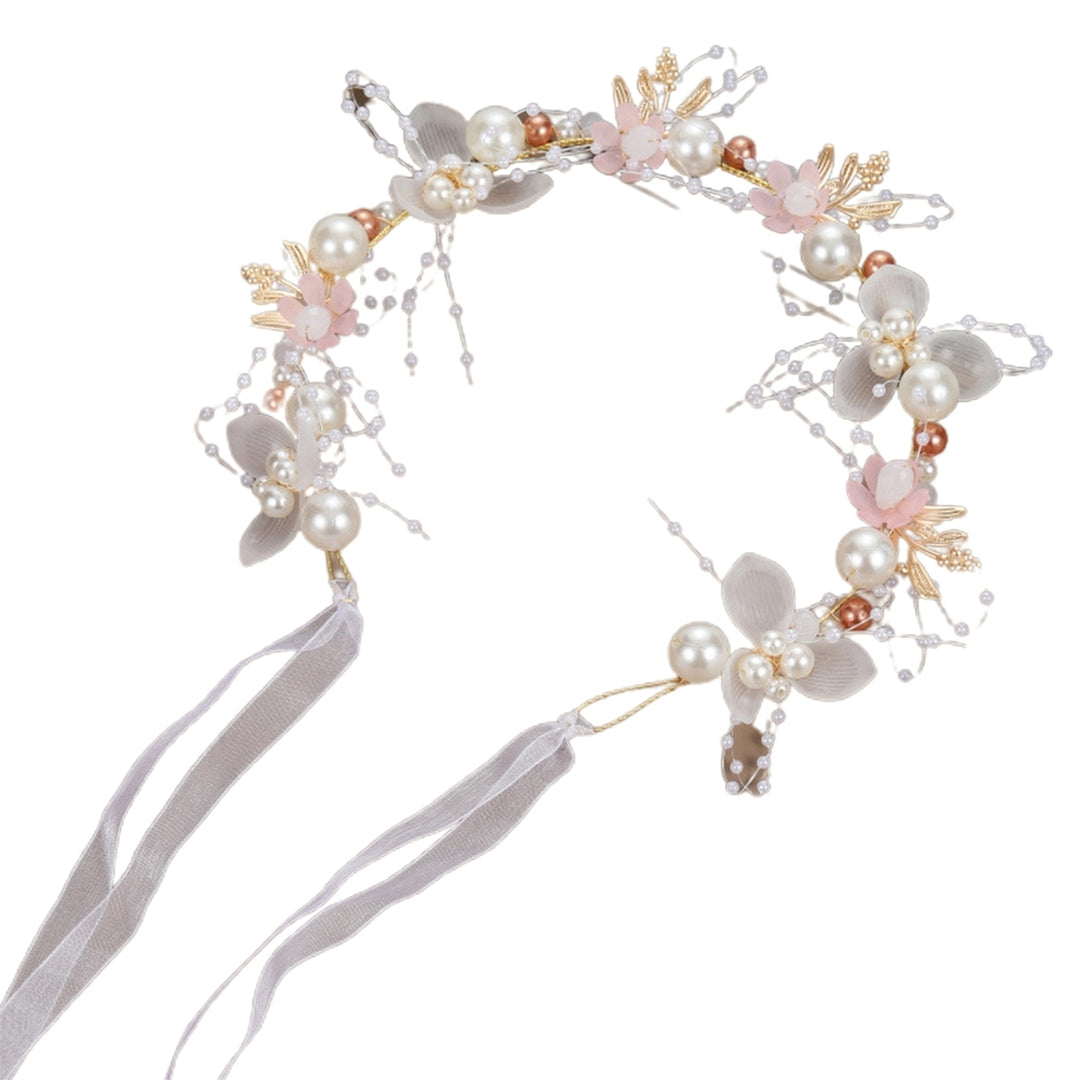 Girls Performance Headband Decorative Faux Pearl Flower Decor Ribbon Romantic Hair Decoration Adjustable Princess Style Image 6