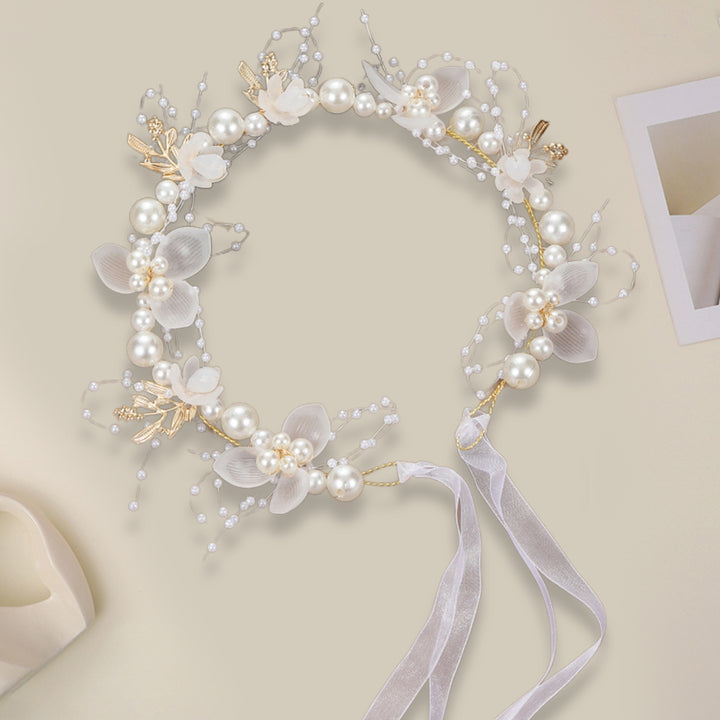 Girls Performance Headband Decorative Faux Pearl Flower Decor Ribbon Romantic Hair Decoration Adjustable Princess Style Image 7