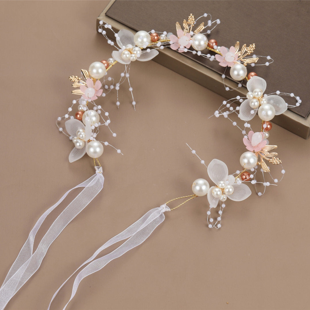 Girls Performance Headband Decorative Faux Pearl Flower Decor Ribbon Romantic Hair Decoration Adjustable Princess Style Image 8