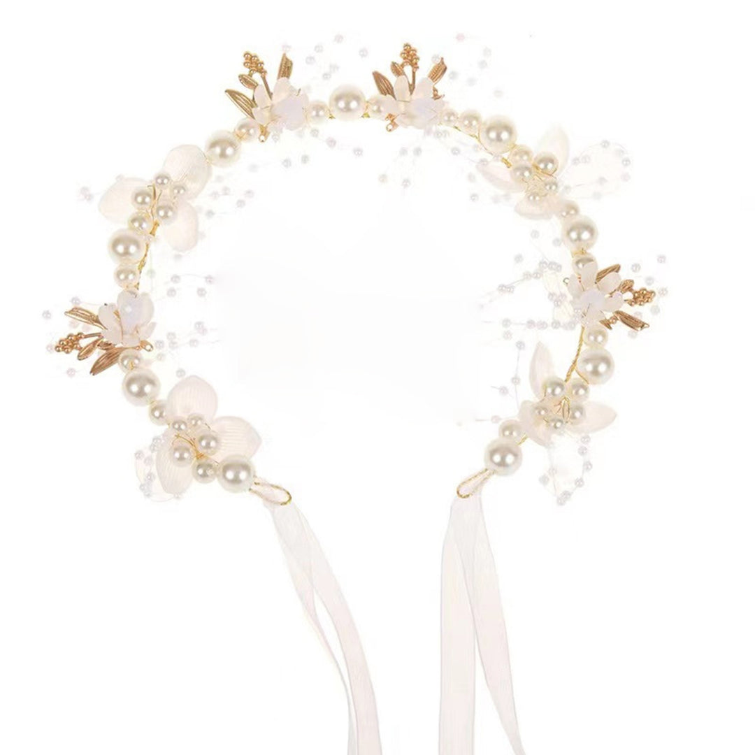 Girls Performance Headband Decorative Faux Pearl Flower Decor Ribbon Romantic Hair Decoration Adjustable Princess Style Image 10