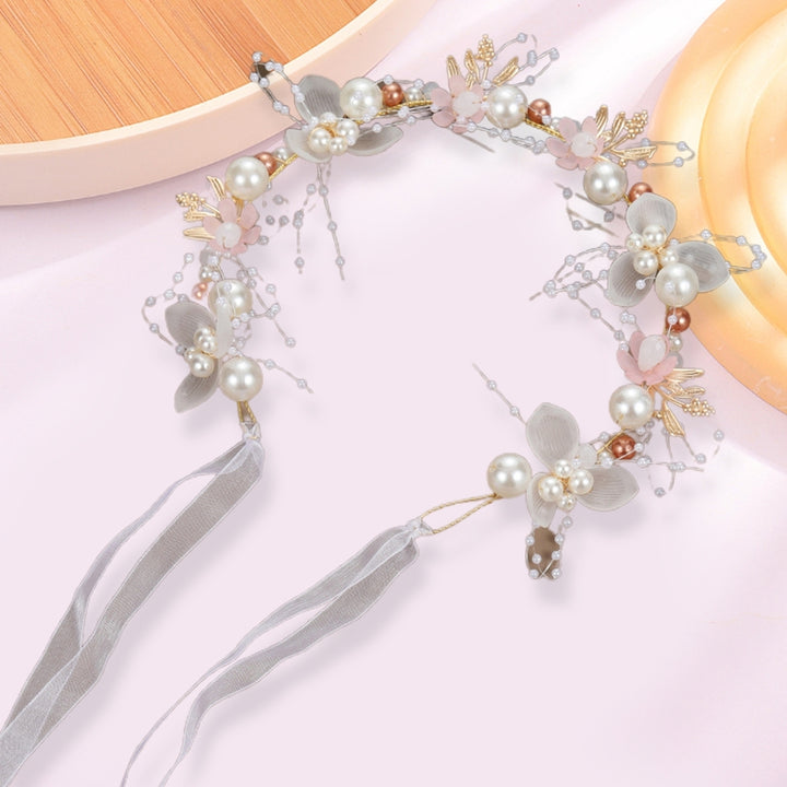 Girls Performance Headband Decorative Faux Pearl Flower Decor Ribbon Romantic Hair Decoration Adjustable Princess Style Image 12