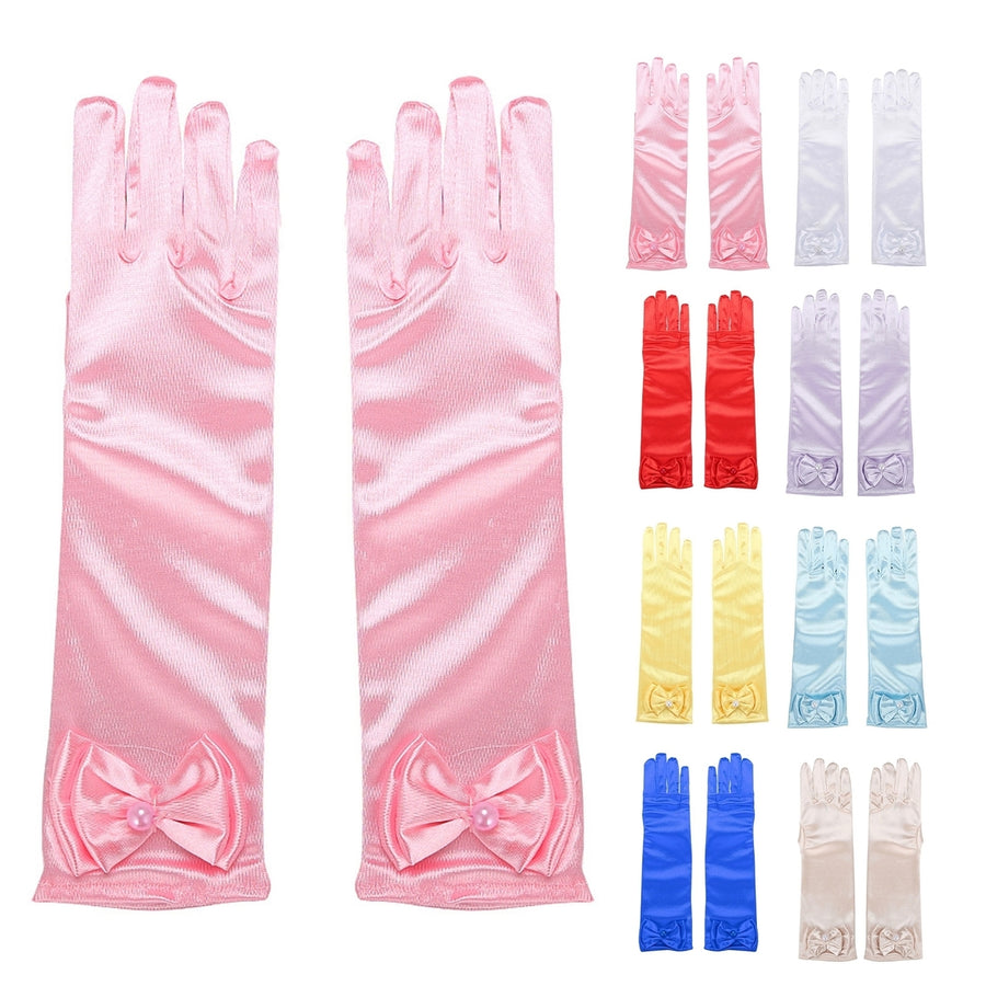 1 Pair Children Performance Gloves Faux Pearl Bow Decor Solid Color Full Fingers Satin Flower Girls Gloves Princess Image 1