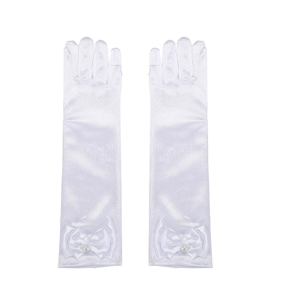 1 Pair Children Performance Gloves Faux Pearl Bow Decor Solid Color Full Fingers Satin Flower Girls Gloves Princess Image 2