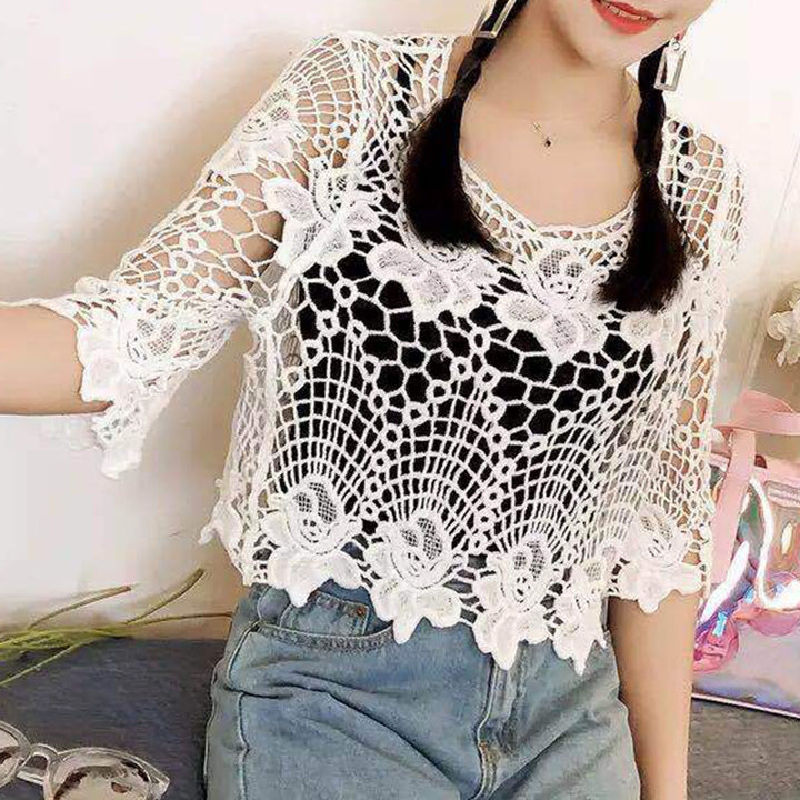 Women Hollow Out Embroidery Floral Lace Cover Up O-Neck Half Sleeve Jacquard Solid Color Loose Fit Pullover Tops Image 3