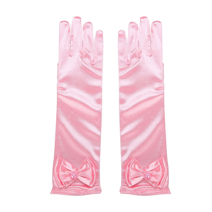 1 Pair Children Performance Gloves Faux Pearl Bow Decor Solid Color Full Fingers Satin Flower Girls Gloves Princess Image 4