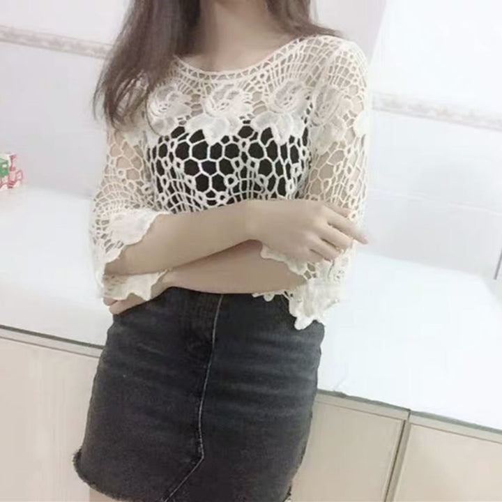 Women Hollow Out Embroidery Floral Lace Cover Up O-Neck Half Sleeve Jacquard Solid Color Loose Fit Pullover Tops Image 4