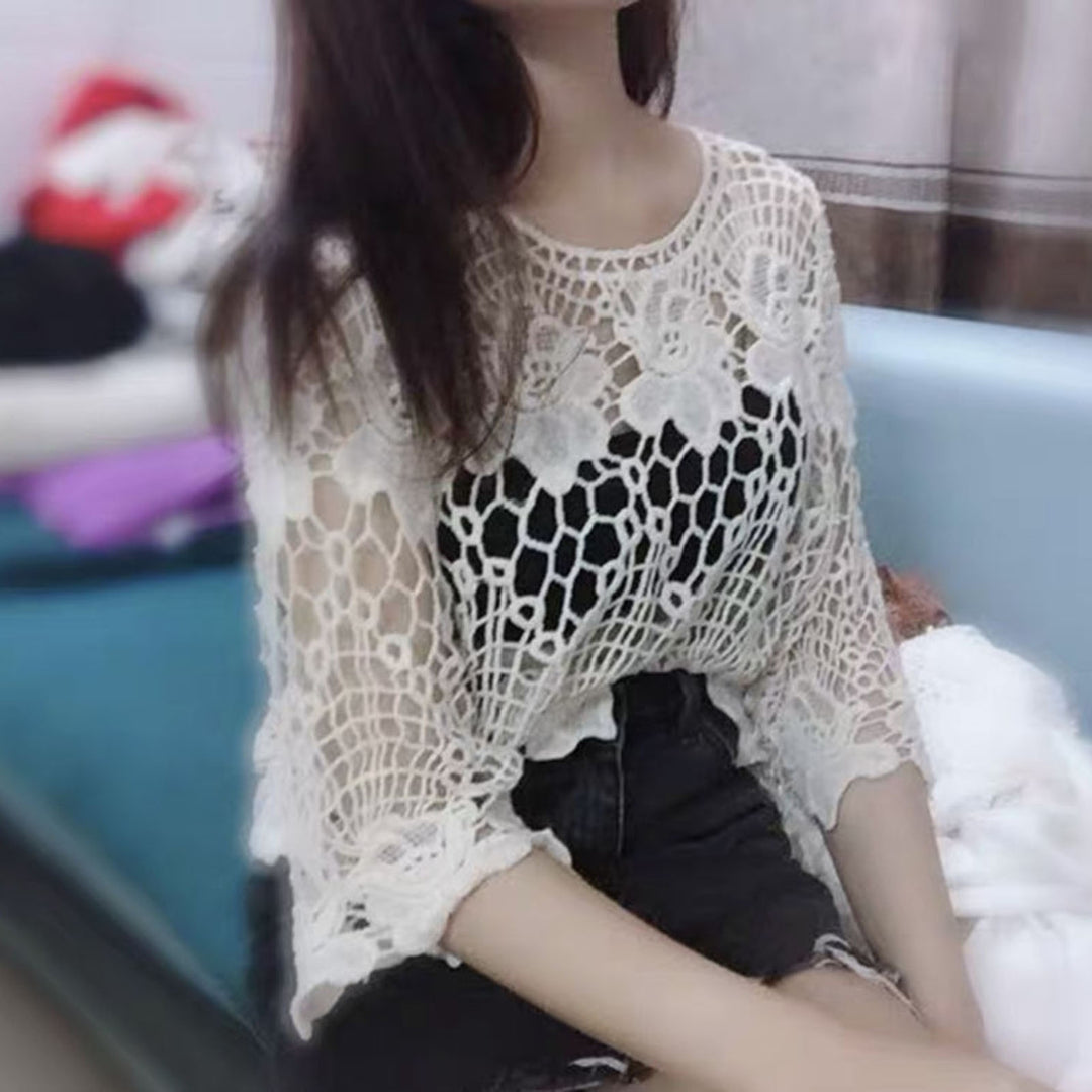 Women Hollow Out Embroidery Floral Lace Cover Up O-Neck Half Sleeve Jacquard Solid Color Loose Fit Pullover Tops Image 7