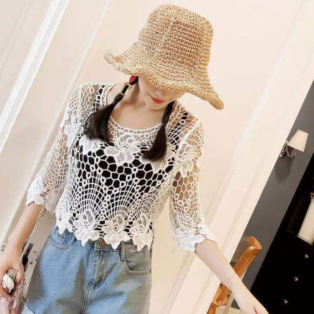 Women Hollow Out Embroidery Floral Lace Cover Up O-Neck Half Sleeve Jacquard Solid Color Loose Fit Pullover Tops Image 9