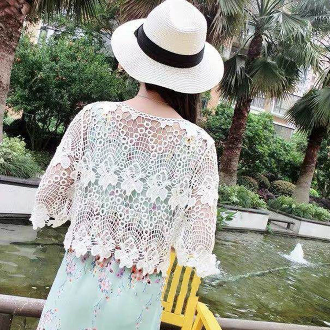 Women Hollow Out Embroidery Floral Lace Cover Up O-Neck Half Sleeve Jacquard Solid Color Loose Fit Pullover Tops Image 10