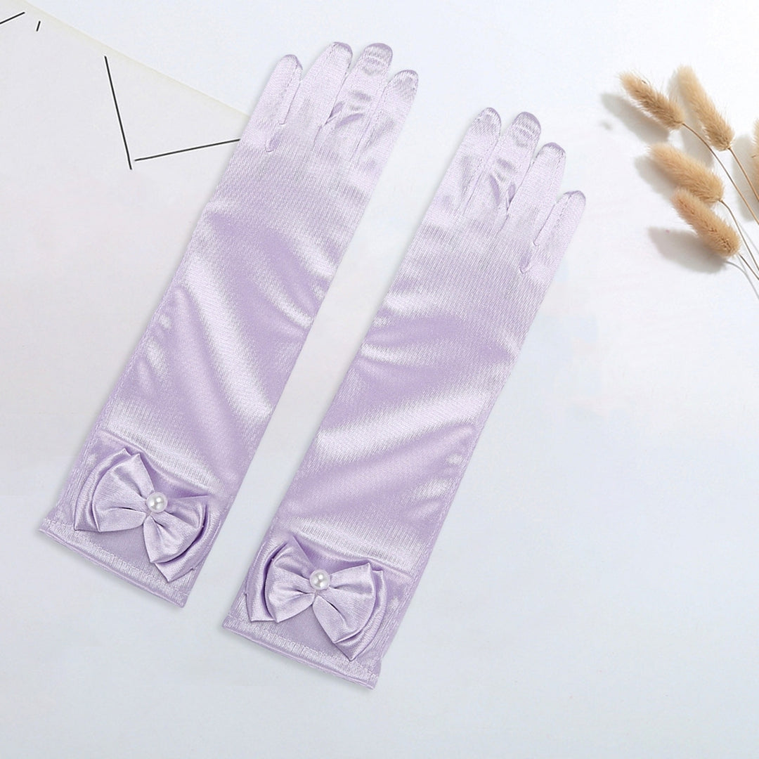 1 Pair Children Performance Gloves Faux Pearl Bow Decor Solid Color Full Fingers Satin Flower Girls Gloves Princess Image 12