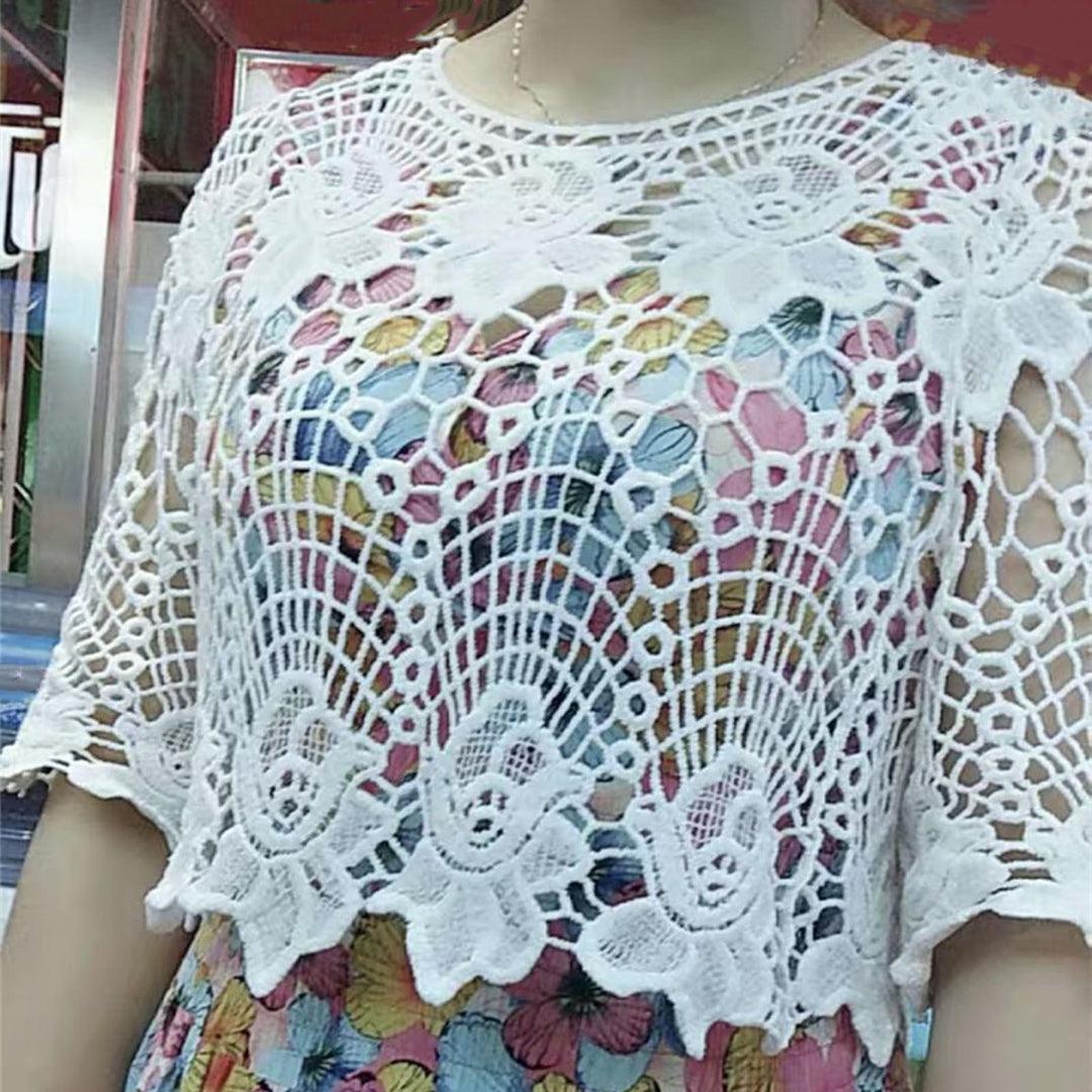 Women Hollow Out Embroidery Floral Lace Cover Up O-Neck Half Sleeve Jacquard Solid Color Loose Fit Pullover Tops Image 11