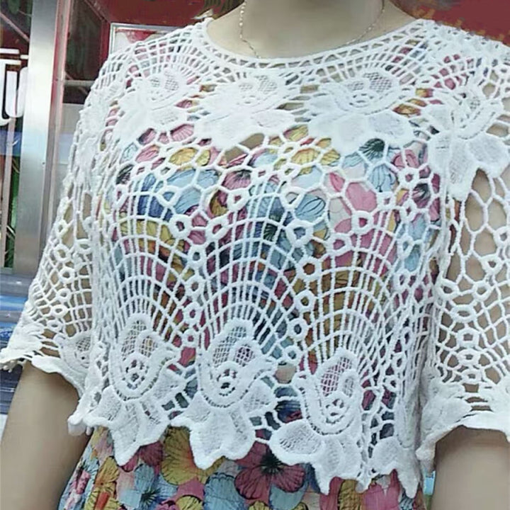Women Hollow Out Embroidery Floral Lace Cover Up O-Neck Half Sleeve Jacquard Solid Color Loose Fit Pullover Tops Image 11