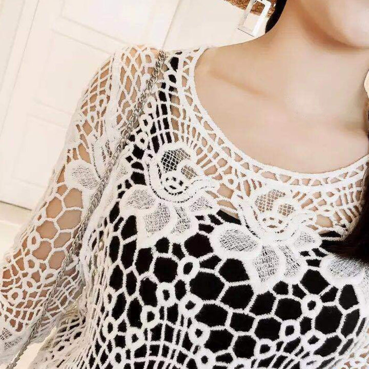 Women Hollow Out Embroidery Floral Lace Cover Up O-Neck Half Sleeve Jacquard Solid Color Loose Fit Pullover Tops Image 12