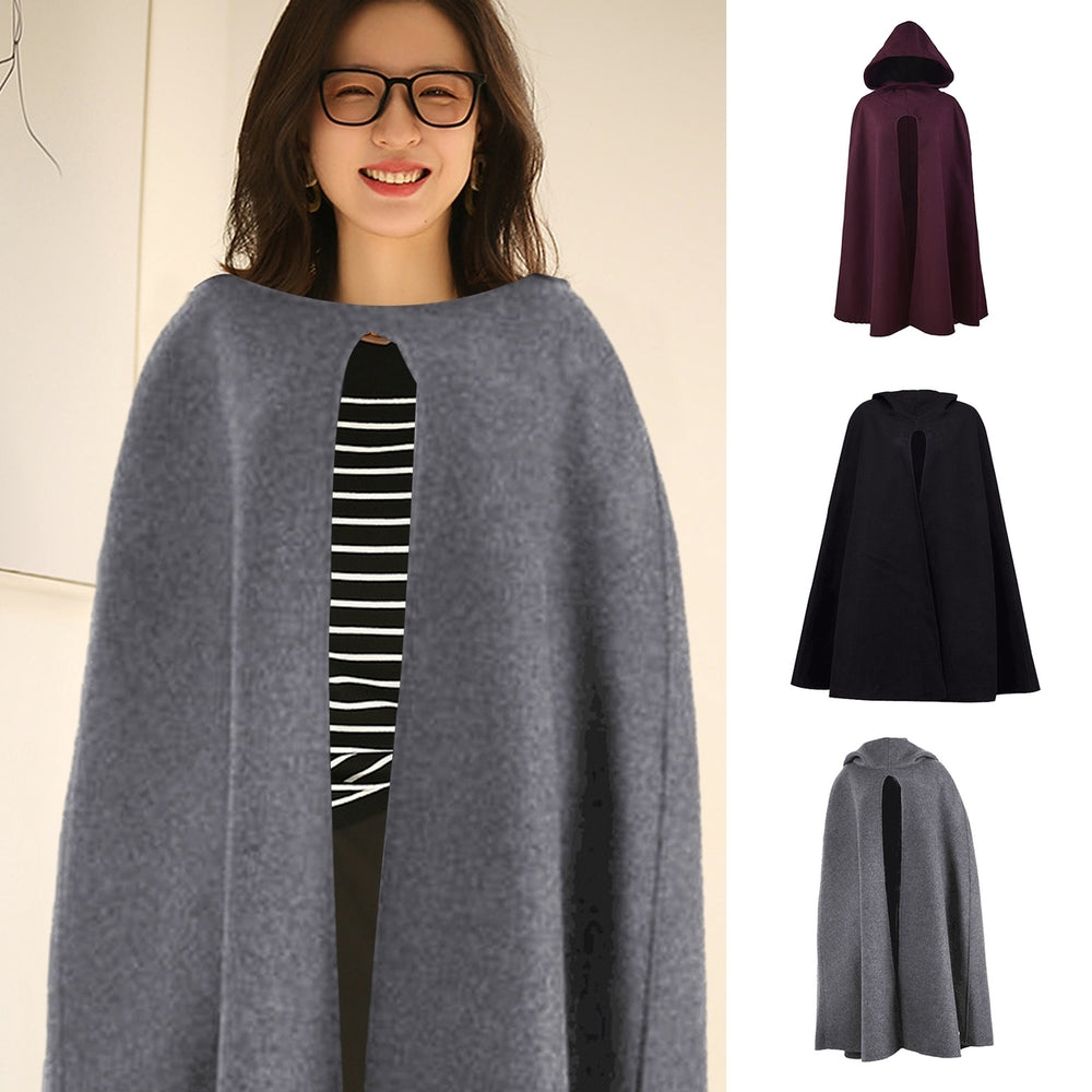 Women Winter Cape Hooded Loose Mid Length Thick Warm Solid Color Casual Sleeveless Keep Warm Wide Open Outdoor Cloak Image 2