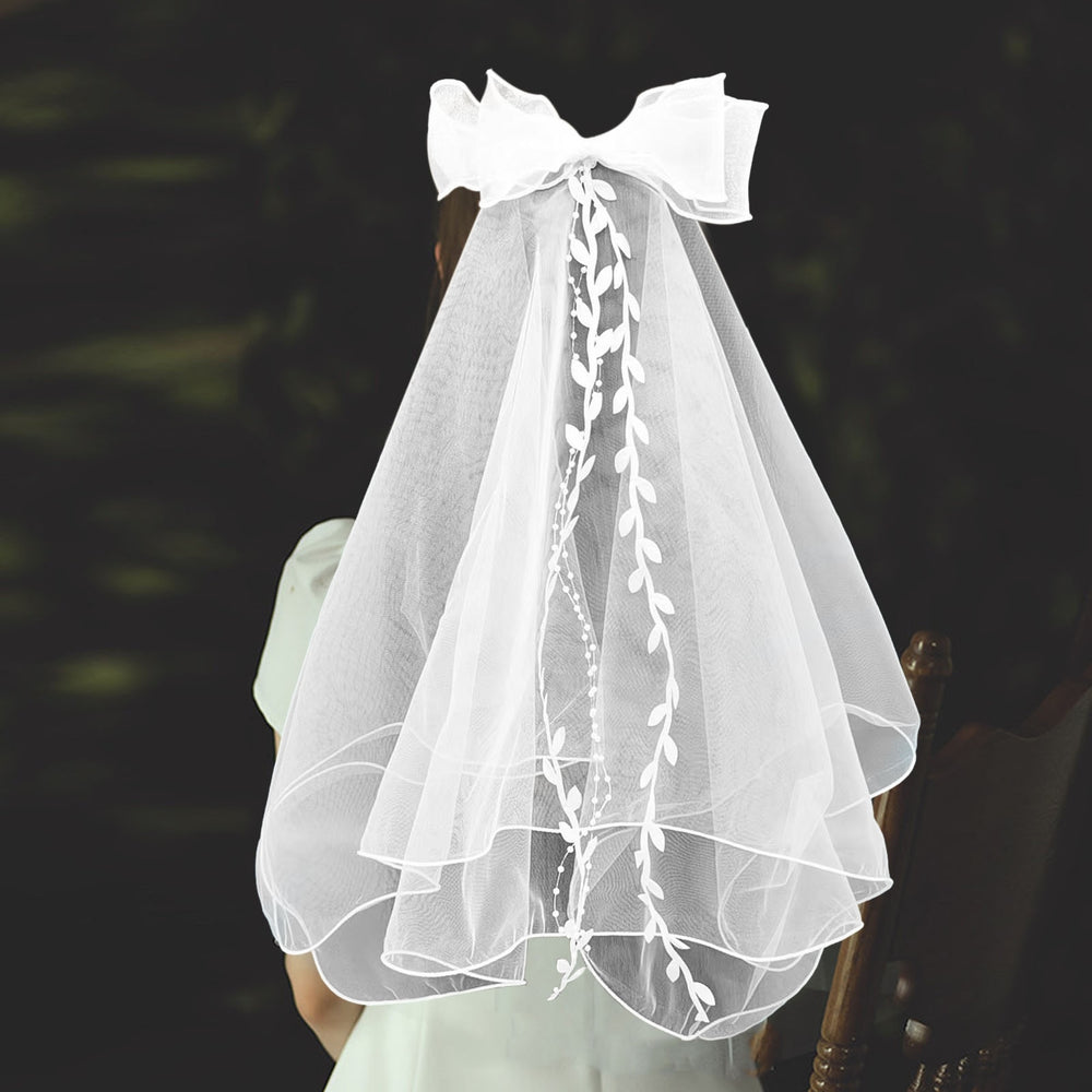Bridal Bowknot Decor Double Layer Head Veil with Hair Comb Wedding Photography Performance Princess Bow Veil Hair Image 2