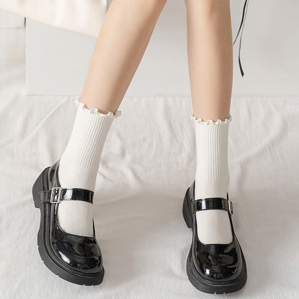1 Pair Ladies Socks Ruffle Middle Tube Ankle High Shirring Edge Striped Texture High Elasticity Anti-slip Soft Image 2