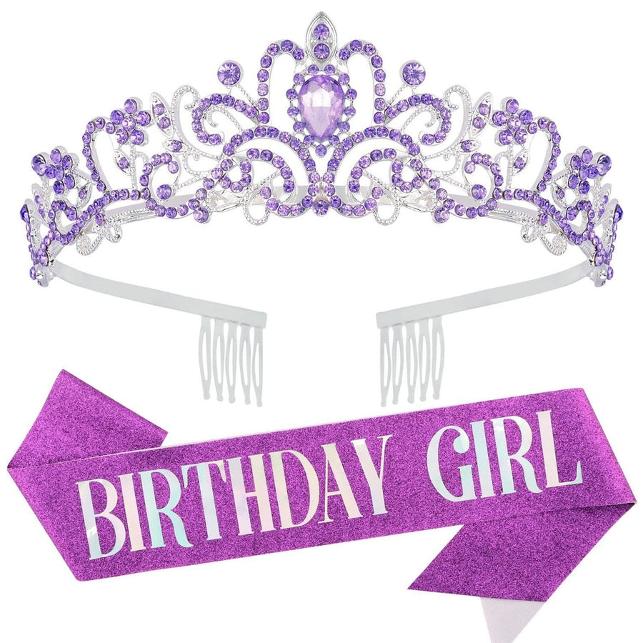 2Pcs/Set Women Shiny Rhinestone Birthday Tiara Crowns Belt Set Girls Princess Crown with Combs Birthday Party Decoration Image 1