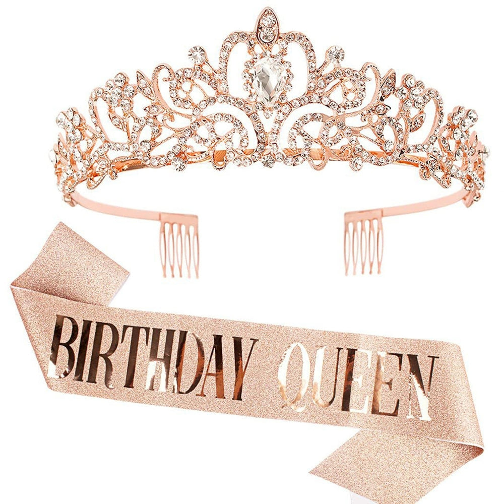 2Pcs/Set Women Shiny Rhinestone Birthday Tiara Crowns Belt Set Girls Princess Crown with Combs Birthday Party Decoration Image 2