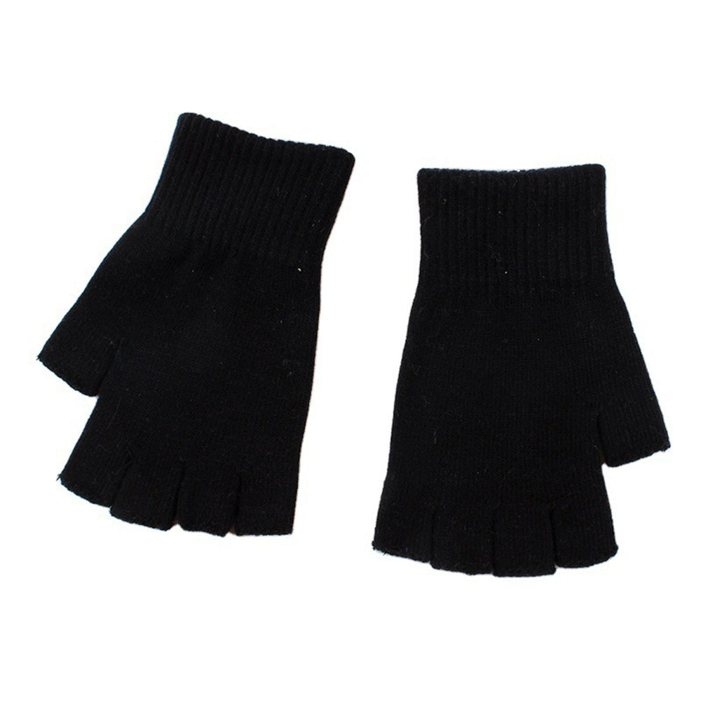 1 Pair Black Half Finger Gloves Women Men Woolen Yarn Knitting Gloves Solid Color Elastic Warm Riding Sport Workout Image 2