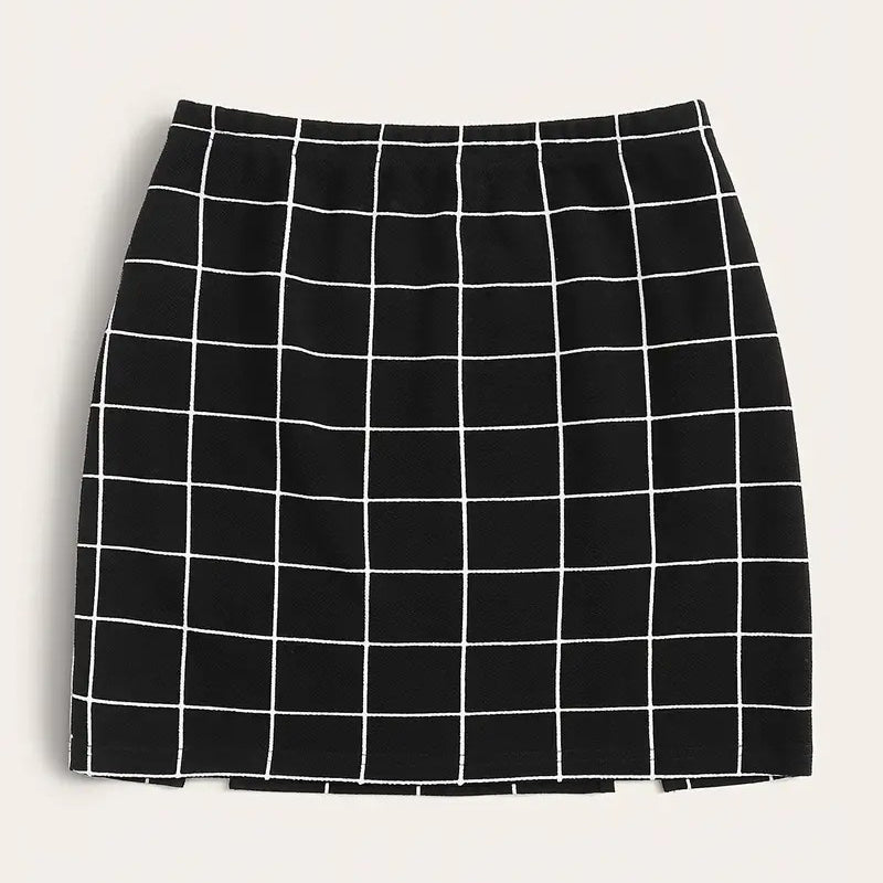 Plaid Print Split Hem SkirtCasual A Line Mini Skirt For SummerWomens Clothing Image 1