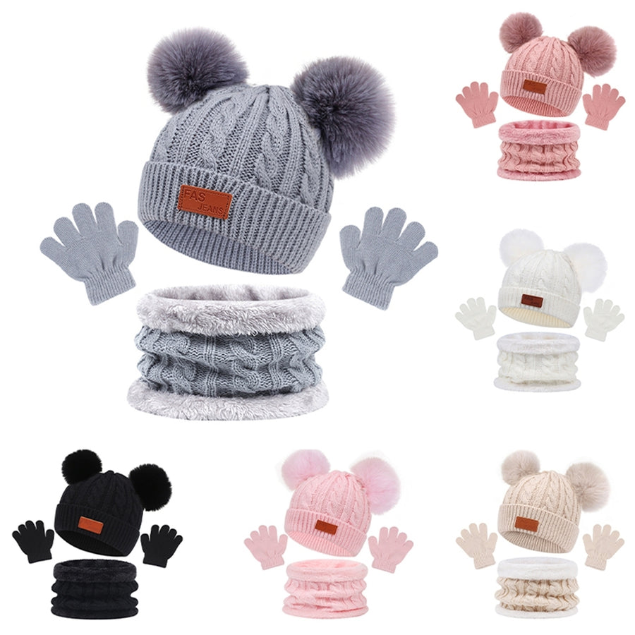3Pcs/Set Winter Baby Beanie Heat Neckerchief Gloves Set Plush Balls Decor Knitting Hat Thickened Scarf Solid Color Image 1