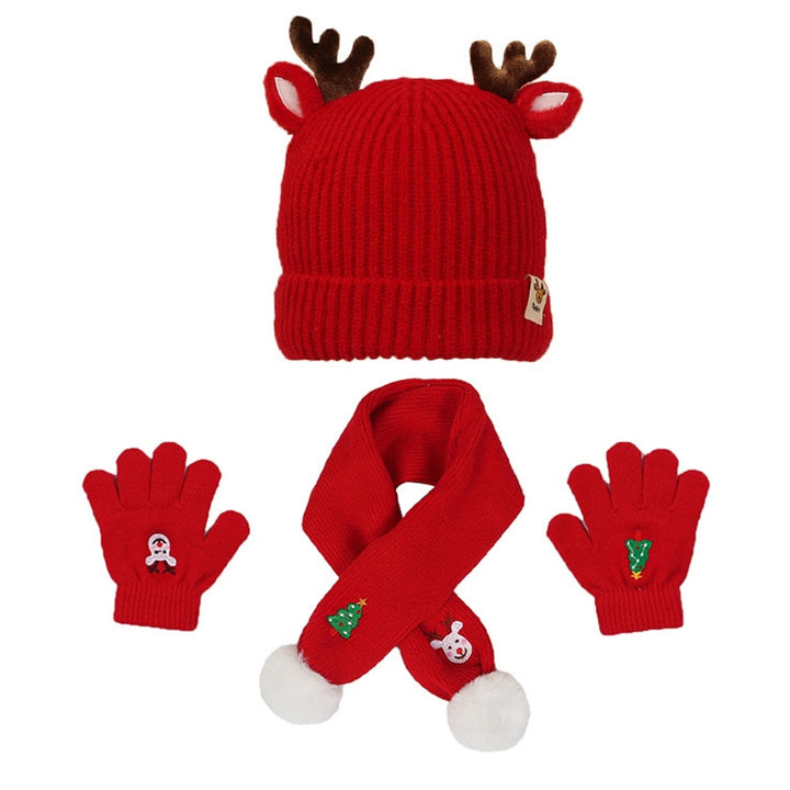 1 Set Children Hat Scarf Gloves Set Antler Decor Christmas Tree Embroidery Thick Warm Soft Elastic Knitted Plush Baby Image 4