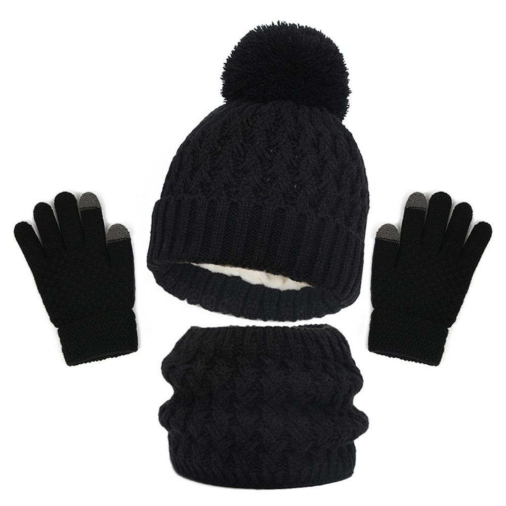 3Pcs/Set Winter Children Plush Ball Decor Knitted Beanie Hat Fleece Lining Scarf Thickened Gloves Set Girls Boys Warm Image 2