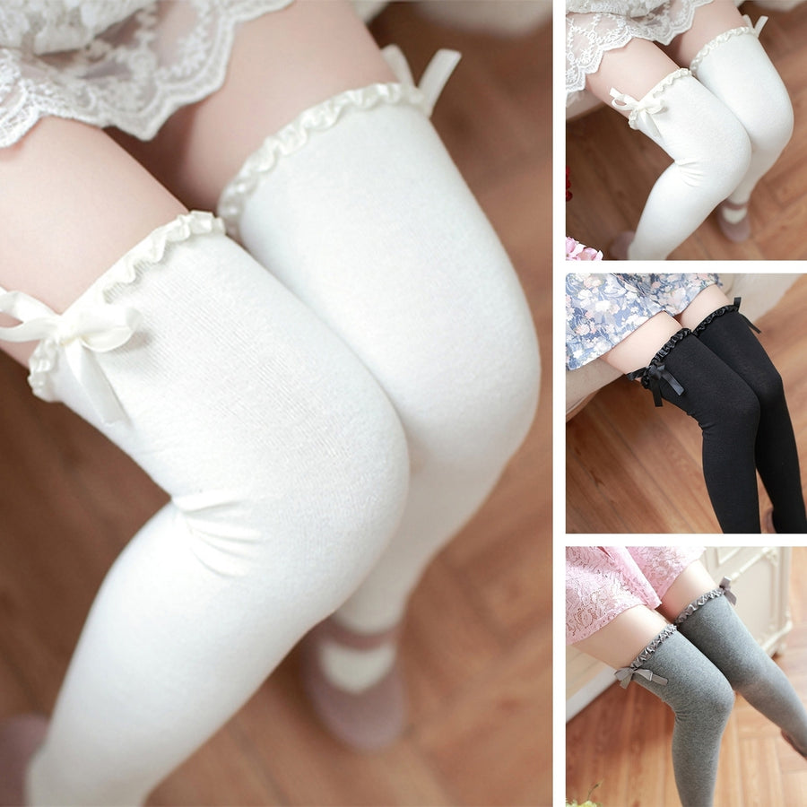 1 Pair Women Wave Trim Bowknot Decor Long Stockings High Elastic Warm Over Knee Solid Color Thigh Socks Image 1