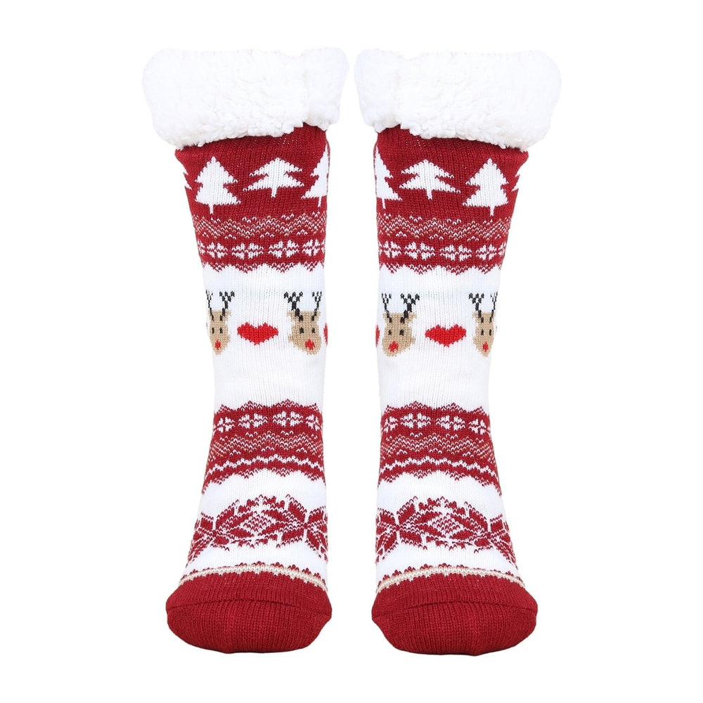 1 Pair Autumn Winter Women Christmas Tree Deer Snowflake Print Floor Socks Mid-tube Thickened Fleece Lining Indoor Sleep Image 2