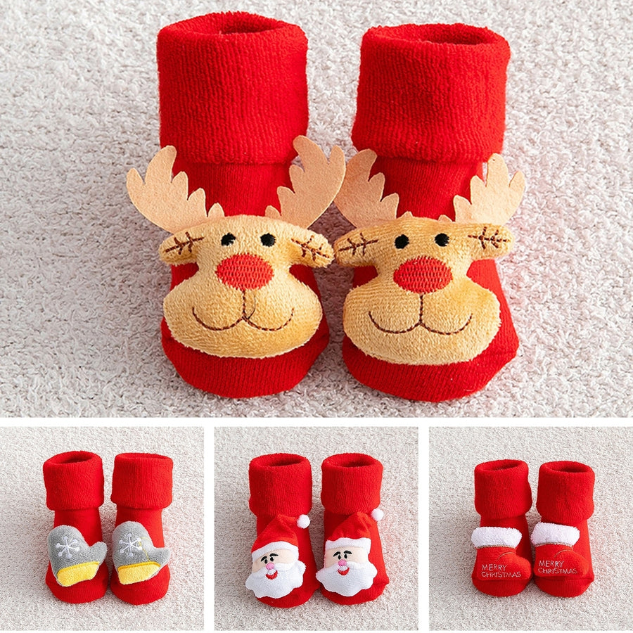 1 Pair Baby Christmas Socks Non-slip Thickened Warm  Year Anti-skid Bottom Cartoon Decor Newborns Infant Short Socks Image 1