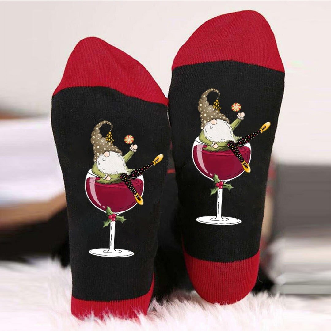 1 Pair Autumn Winter Women Men Mid-tube Socks Santa Claus Deer Snowman Wine Cup Pattern Color Block Long Socks Christmas Image 12