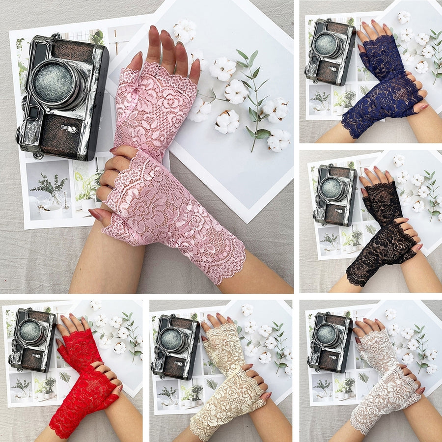 1 Pair Gloves Half Fingers Lace See-through Hollow Out Flower Embroidery Solid Color Elastic Bride Wedding Prom Party Image 1