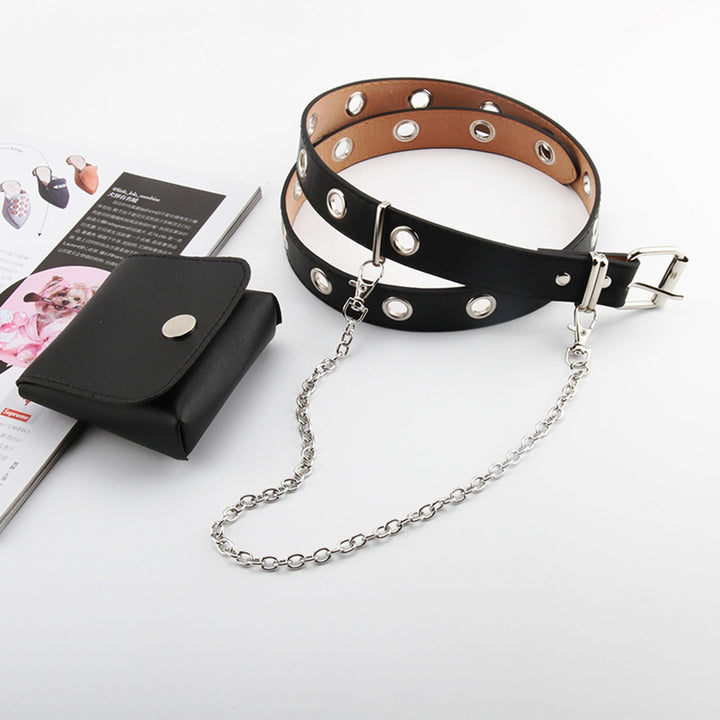 Punk Style Chain Tassel Faux Leather Belt with Waist Bag Adjustable Length Full Holes Pin Buckle Belt Women Men Image 7