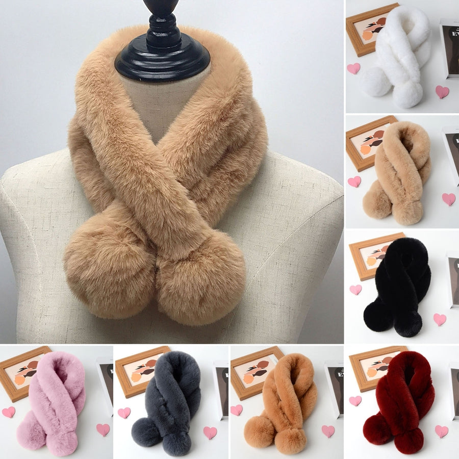 Women Winter Scarf Soft Plush Ball Decor Faux faux Thick Cozy Neck Warmer Cross Windproof Thermal Washable Decorative Image 1