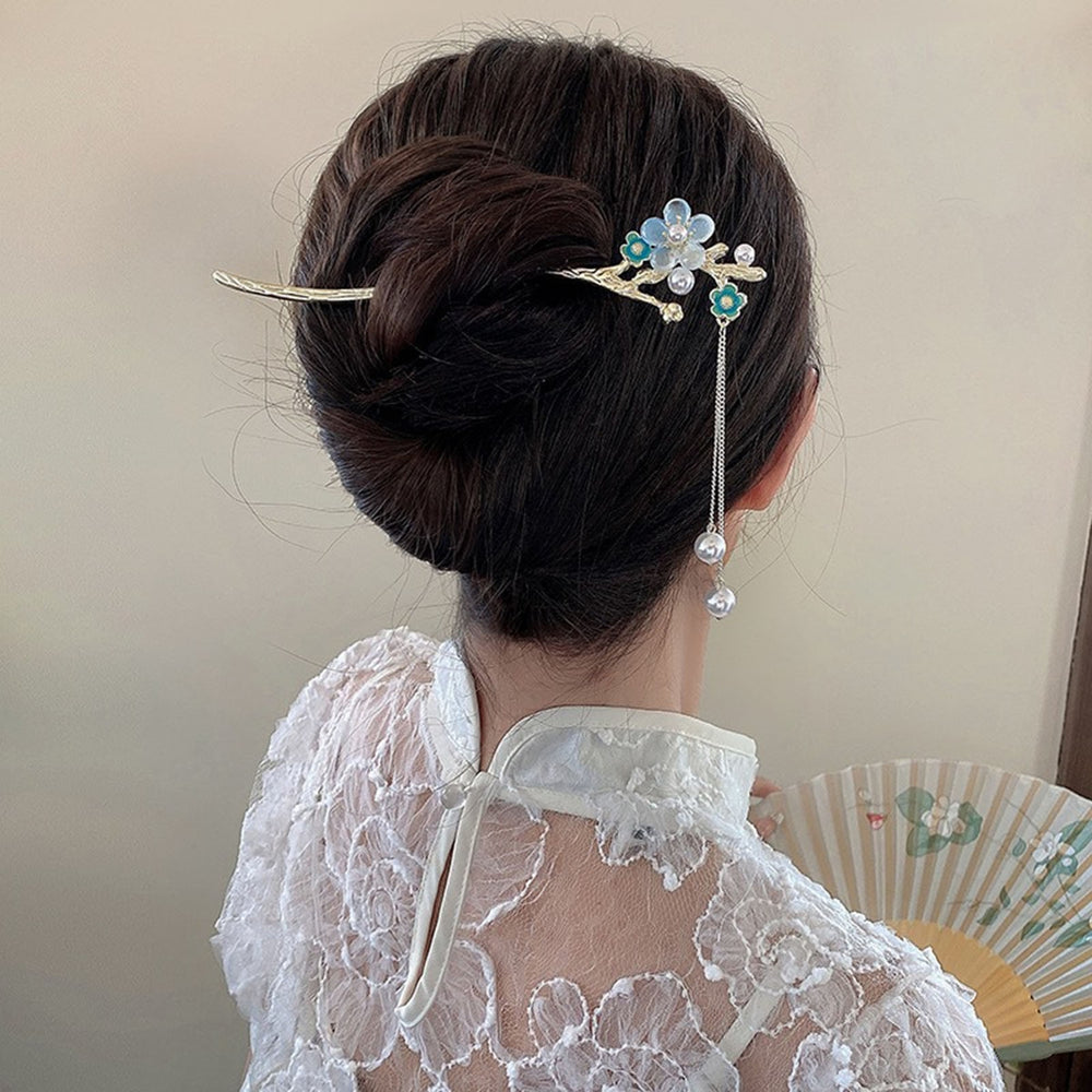 Faux Pearl Tassel Hair Stick Pin Flower Chinese Style Hair Chopstick Female Elegant Metal Hairpin for Buns Hair Image 2