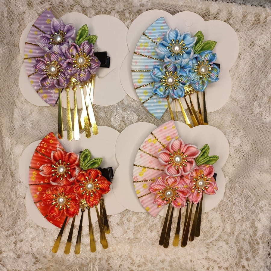 Women Hairpin Faux Pearl Fake Flower Fan Decor Anti-slip Decorative Japanese Traditional Dress Image 1