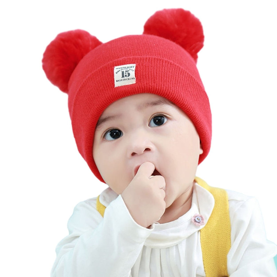 Winter Warm Baby Knitted Hat Furry Balls Decor Children Beanie Hat Logo Pattern Brimless Toddlers Knitting Hat Outfit Image 1