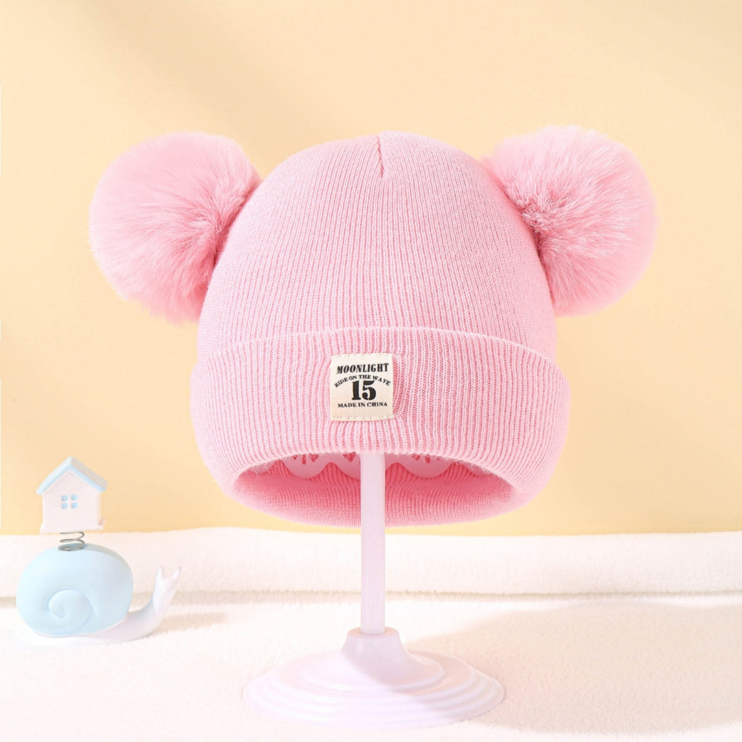 Winter Warm Baby Knitted Hat Furry Balls Decor Children Beanie Hat Logo Pattern Brimless Toddlers Knitting Hat Outfit Image 7