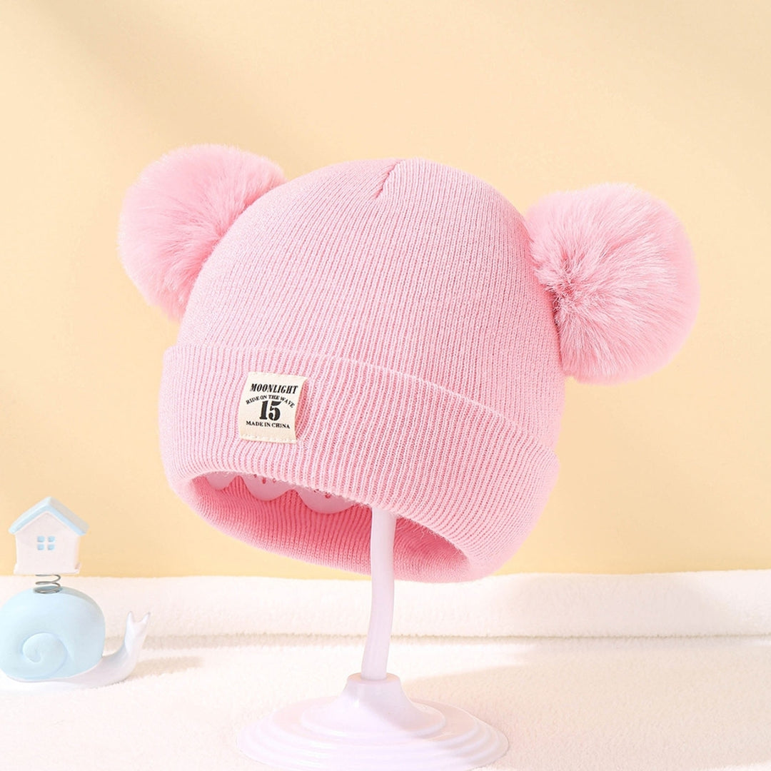 Winter Warm Baby Knitted Hat Furry Balls Decor Children Beanie Hat Logo Pattern Brimless Toddlers Knitting Hat Outfit Image 12