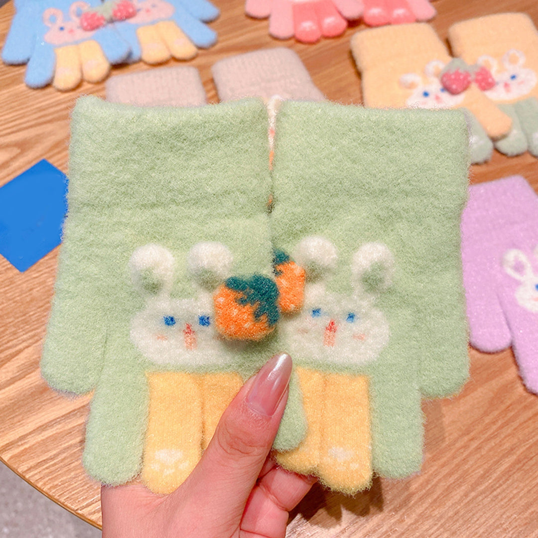 1 Pair Children Winter Full Finger Gloves Cute Rabbit Pattern Strawberry Decor Knitting Gloves Kids Thickened Warm Image 8