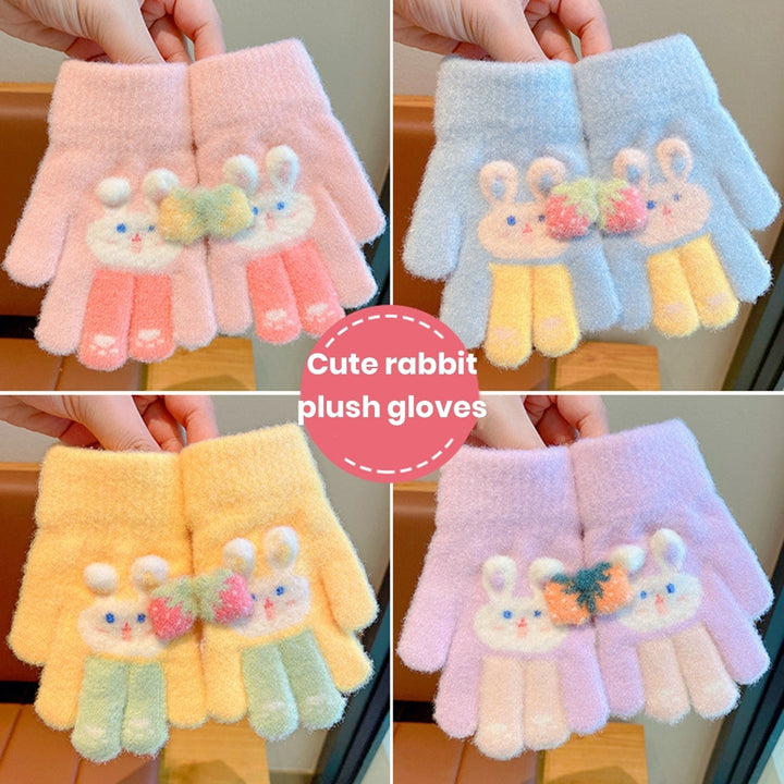 1 Pair Children Winter Full Finger Gloves Cute Rabbit Pattern Strawberry Decor Knitting Gloves Kids Thickened Warm Image 12