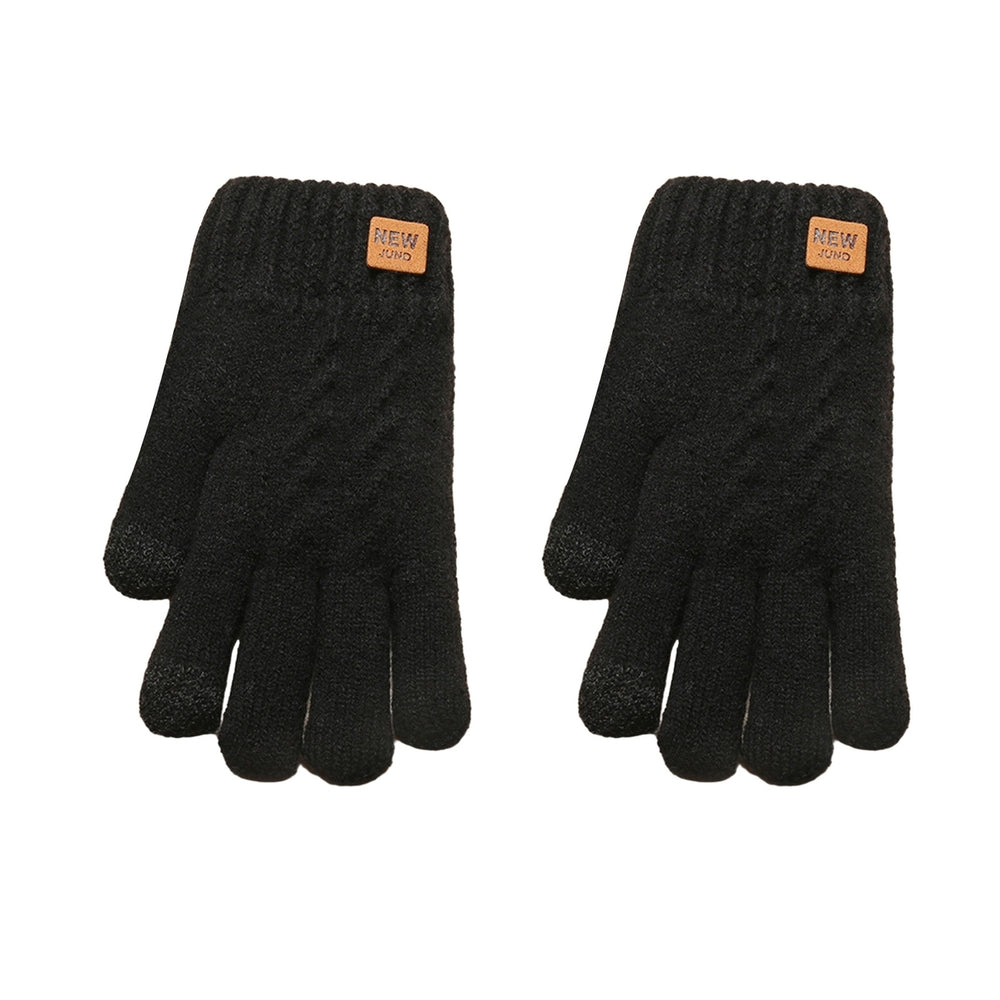 1 Pair Women Winter Solid Color Knitting Gloves Loge Pattern Double Layer Thickened Cuffs Gloves Touch Screen Fleece Image 2