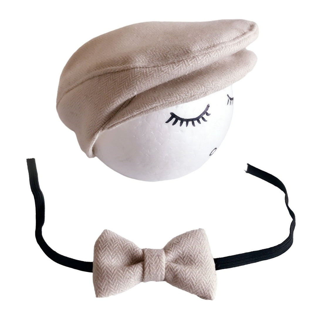 1 Set Hat Bow Set Baby Newborn Herringbone Peaked Cap Adjustable Lace Up Bow Tie Breathable Toddler Photo Photography Image 1