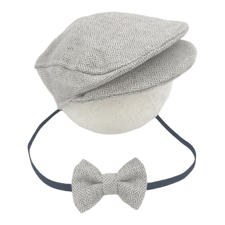 1 Set Hat Bow Set Baby Newborn Herringbone Peaked Cap Adjustable Lace Up Bow Tie Breathable Toddler Photo Photography Image 4