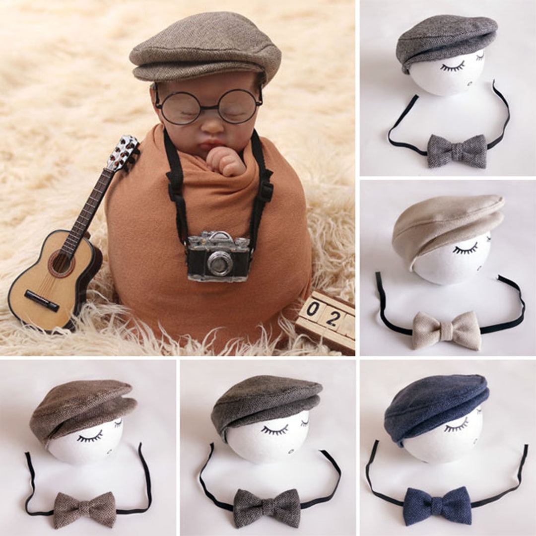 1 Set Hat Bow Set Baby Newborn Herringbone Peaked Cap Adjustable Lace Up Bow Tie Breathable Toddler Photo Photography Image 8