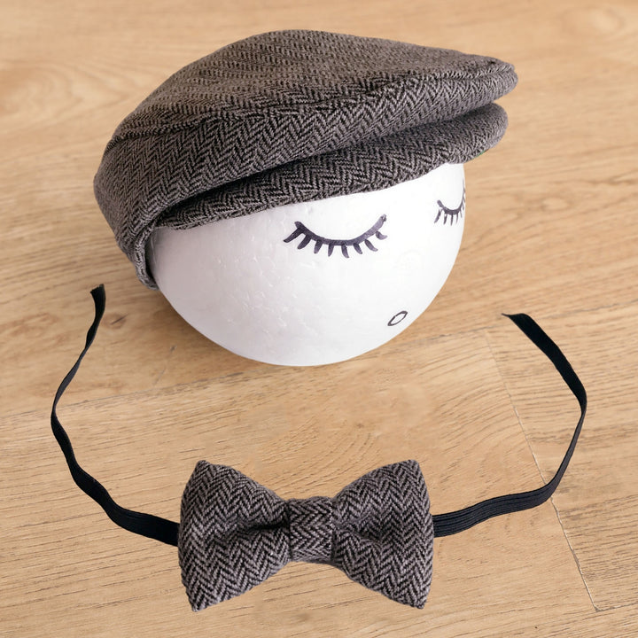 1 Set Hat Bow Set Baby Newborn Herringbone Peaked Cap Adjustable Lace Up Bow Tie Breathable Toddler Photo Photography Image 9