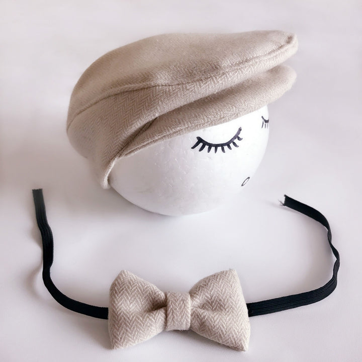 1 Set Hat Bow Set Baby Newborn Herringbone Peaked Cap Adjustable Lace Up Bow Tie Breathable Toddler Photo Photography Image 10