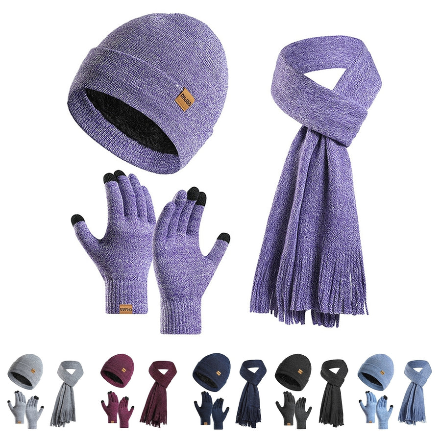 1 Set Winter Hat Scarf Gloves Set Thick Knitted Soft Warm Elastic Solid Color Ear Protection Five Image 1
